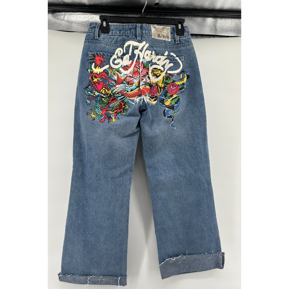 Ed Hardy Koi Snaken Tattoo‎ Baggy Wide Leg Big Print Denim Jeans Women's Size 26